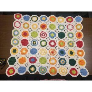 Handmade Crocheted Granny Circle Stroller Bassinet Baby Lap Blanket 100% Cotton